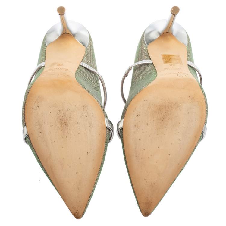 Pre Owned Malone Souliers Green/Silver Leather And Glitter Maureen Sandals Size 38