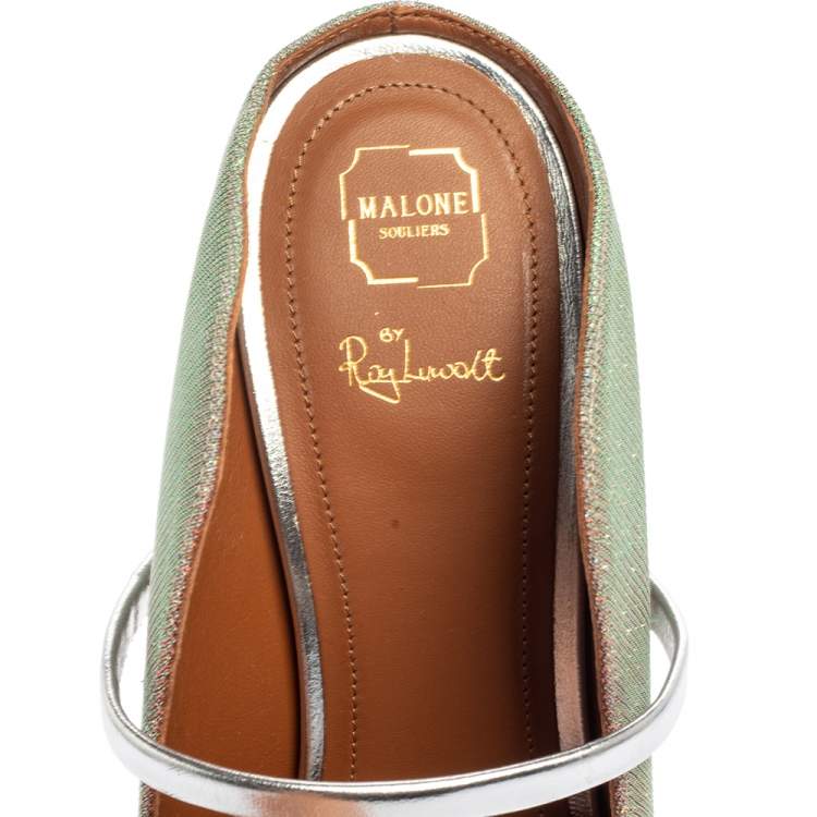 Pre Owned Malone Souliers Green/Silver Leather And Glitter Maureen Sandals Size 38