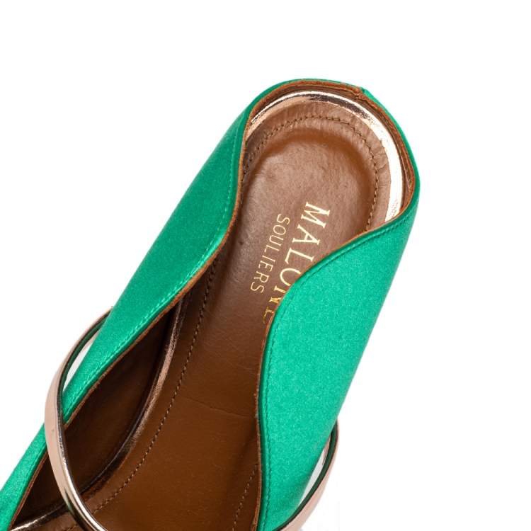 Pre Owned Malone Souliers Green/Gold Satin And Patent Leather Maureen Sandals Size 38.5
