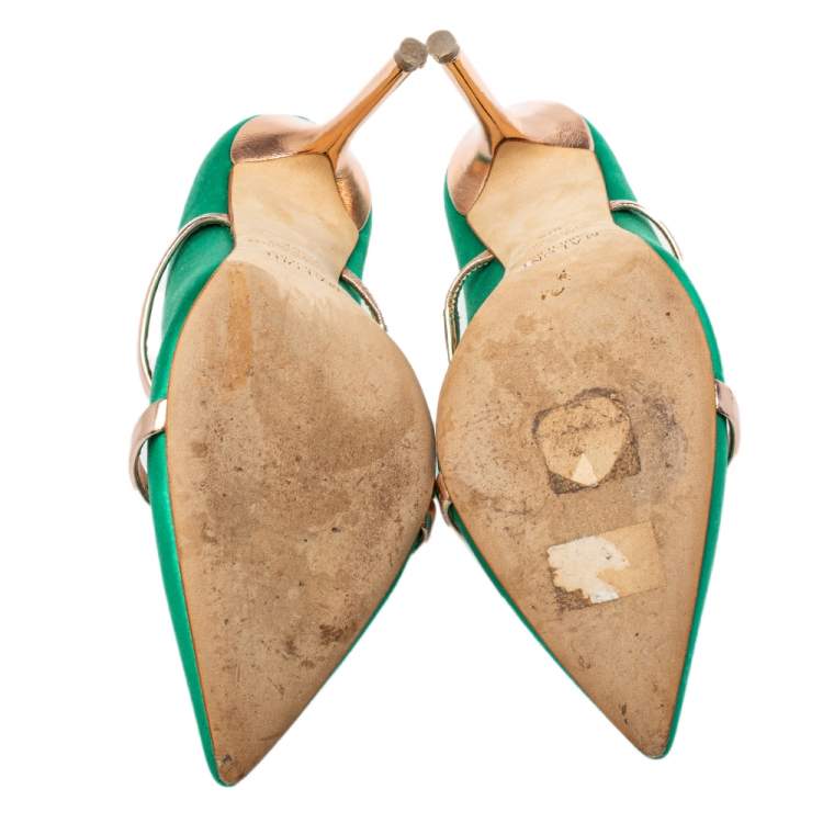 Pre Owned Malone Souliers Green/Gold Satin And Patent Leather Maureen Sandals Size 38.5