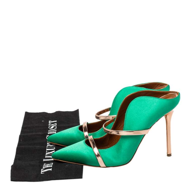 Pre Owned Malone Souliers Green/Gold Satin And Patent Leather Maureen Sandals Size 38.5