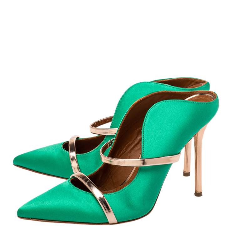 Pre Owned Malone Souliers Green/Gold Satin And Patent Leather Maureen Sandals Size 38.5