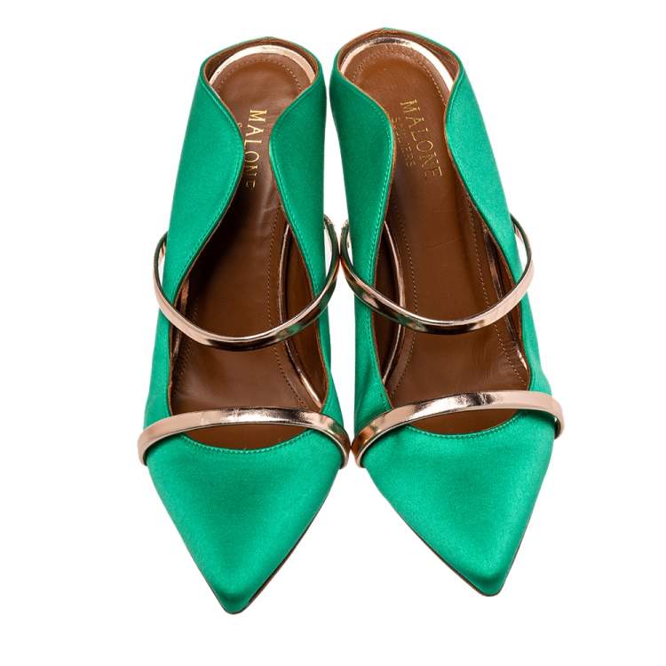 Pre Owned Malone Souliers Green/Gold Satin And Patent Leather Maureen Sandals Size 38.5
