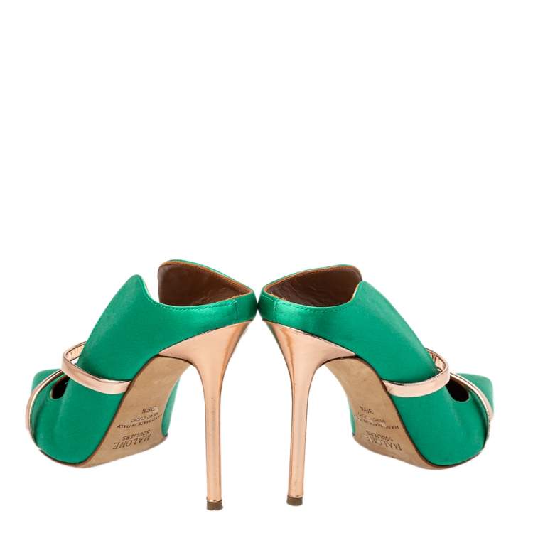 Pre Owned Malone Souliers Green/Gold Satin And Patent Leather Maureen Sandals Size 38.5