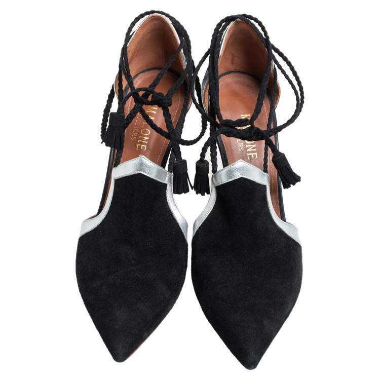 Pre Owned Malone Souliers Black/Silver Suede And Leather Haji Pumps Size 37