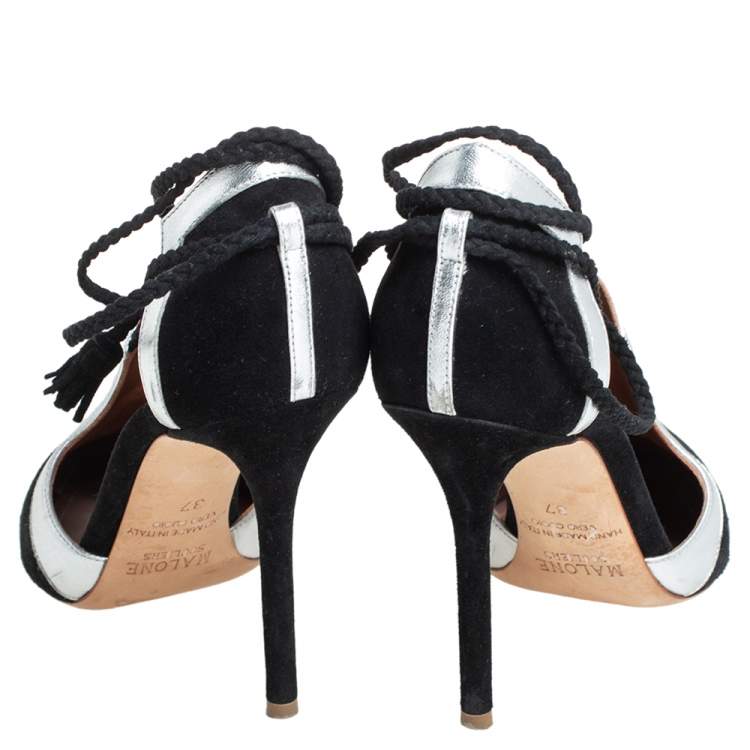 Pre Owned Malone Souliers Black/Silver Suede And Leather Haji Pumps Size 37
