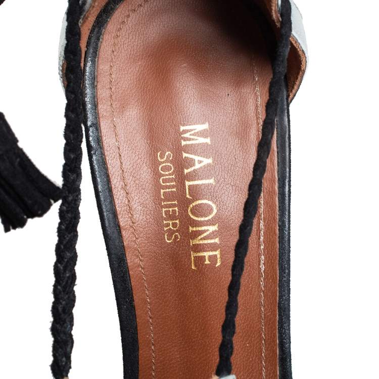 Pre Owned Malone Souliers Black/Silver Suede And Leather Haji Pumps Size 37