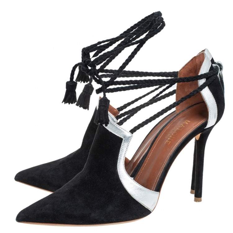 Pre Owned Malone Souliers Black/Silver Suede And Leather Haji Pumps Size 37