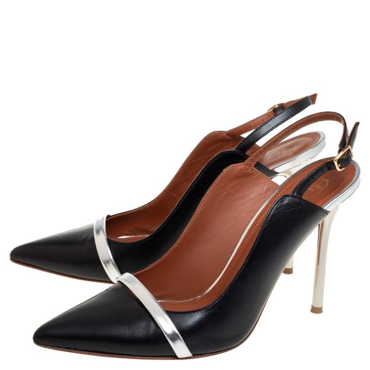 Pre Owned Malone Souliers Black/Silver Leather Marion Slingback Sandals Size 38.5 