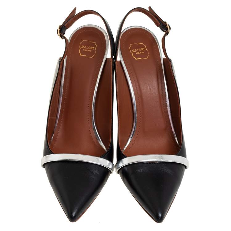 Pre Owned Malone Souliers Black/Silver Leather Marion Slingback Sandals Size 38.5 