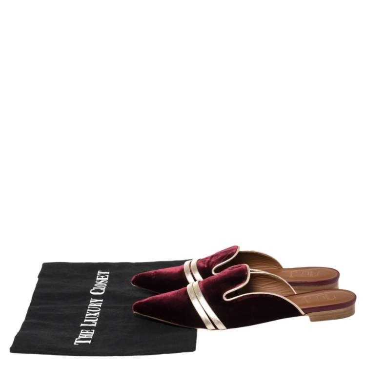 مملوكة مسبقًا Malone Souliers Burgundy/Gold Leather And Velvet Mule Flats Size 38.5