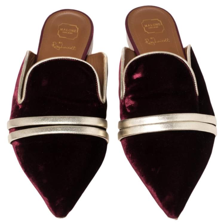 مملوكة مسبقًا Malone Souliers Burgundy/Gold Leather And Velvet Mule Flats Size 38.5