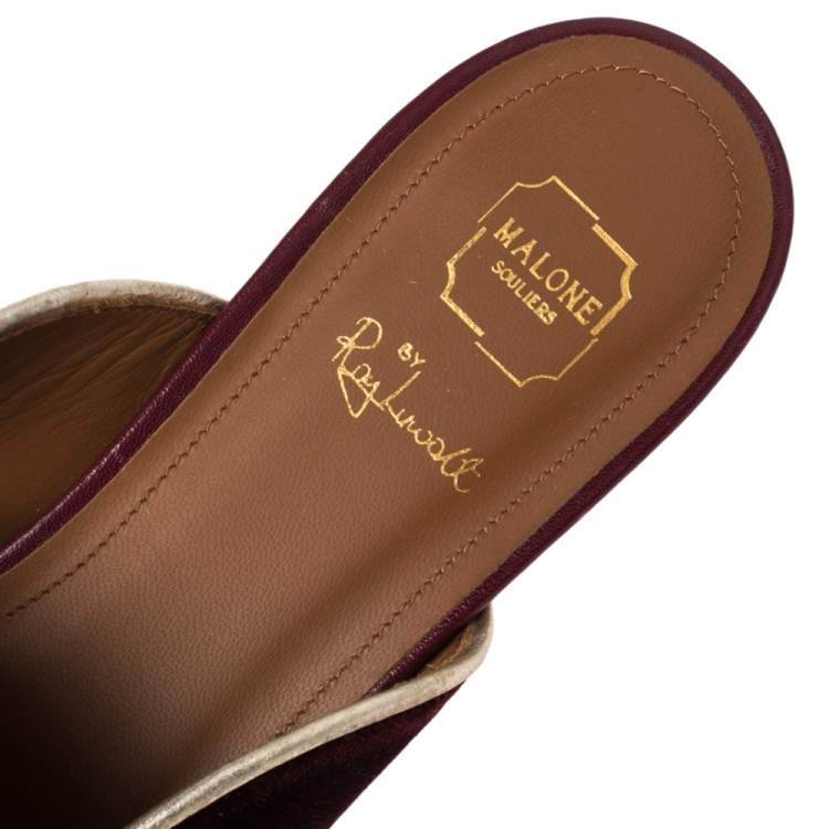مملوكة مسبقًا Malone Souliers Burgundy/Gold Leather And Velvet Mule Flats Size 38.5