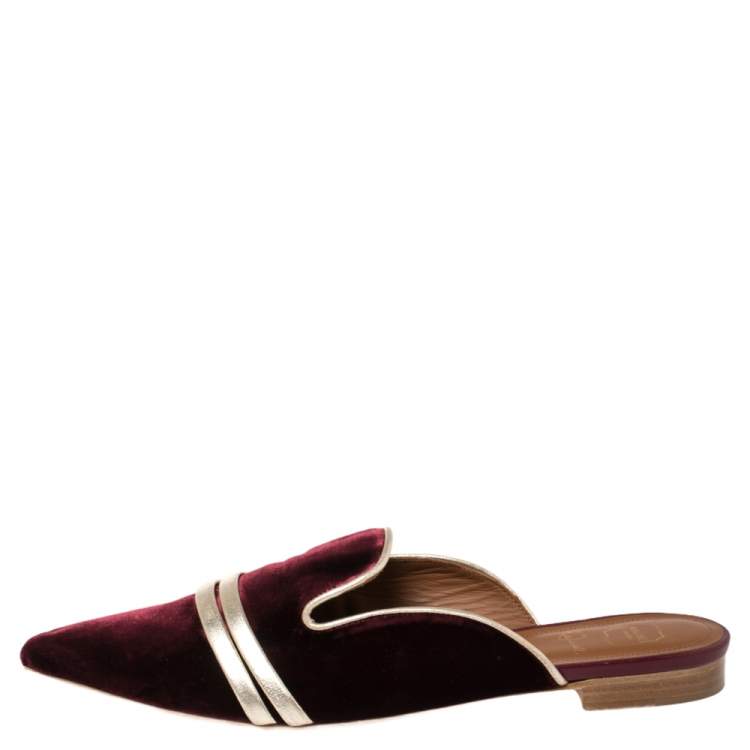 مملوكة مسبقًا Malone Souliers Burgundy/Gold Leather And Velvet Mule Flats Size 38.5