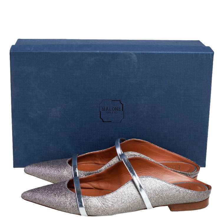Pre Owned Malone Souliers Silver Glitter Leather Maureen Pointed Toe Flats Size 38.5