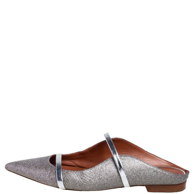 Pre Owned Malone Souliers Silver Glitter Leather Maureen Pointed Toe Flats Size 38.5