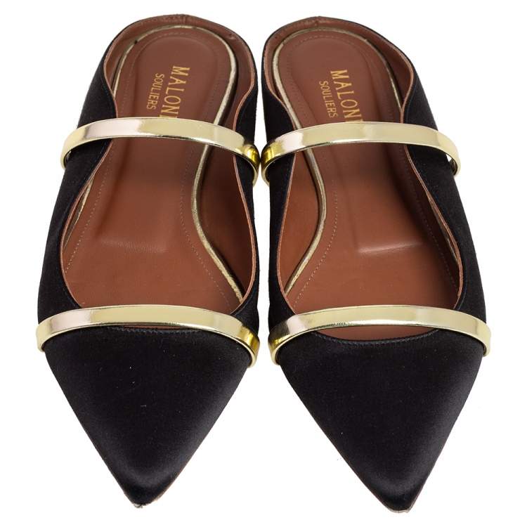 Pre Owned Malone Souliers Black Satin Maureen Flat Mules Size 37