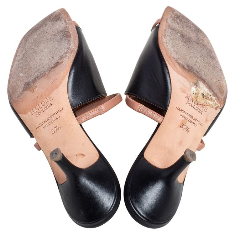 Pre Owned Malone Souliers Brown/Black Leather Laney Slide Sandals Size 39.5