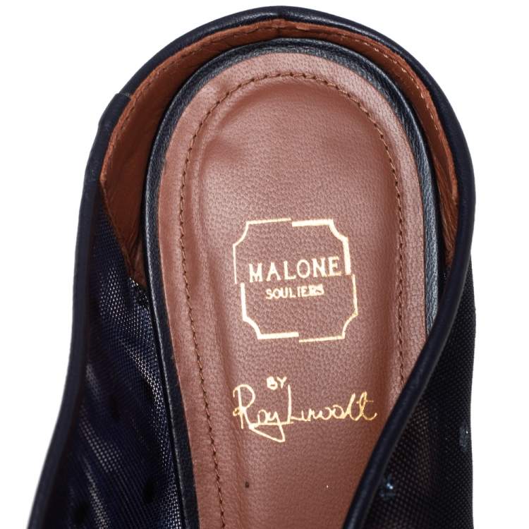 Pre Owned Malone Souliers By Roy Luwolt Blue Mesh And Velvet Marguerite Bow Flat Mules Size 38.5