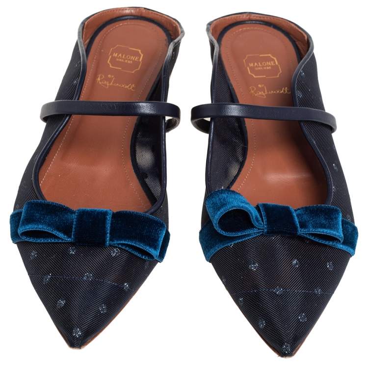 Pre Owned Malone Souliers By Roy Luwolt Blue Mesh And Velvet Marguerite Bow Flat Mules Size 38.5