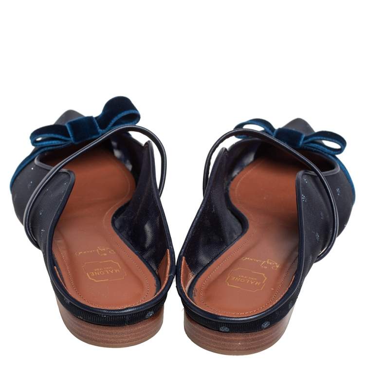 Pre Owned Malone Souliers By Roy Luwolt Blue Mesh And Velvet Marguerite Bow Flat Mules Size 38.5