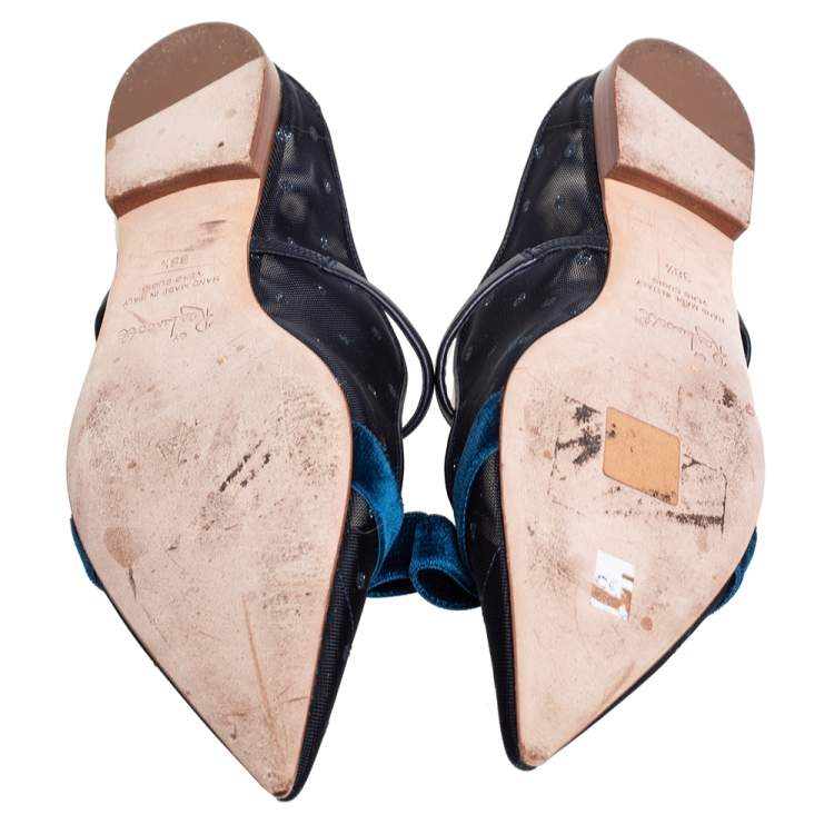 Pre Owned Malone Souliers By Roy Luwolt Blue Mesh And Velvet Marguerite Bow Flat Mules Size 38.5