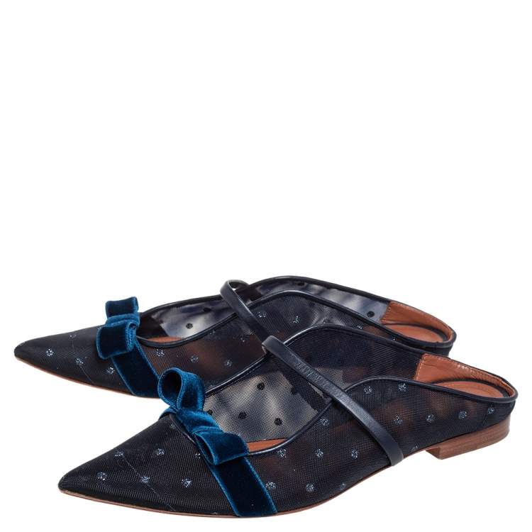 Pre Owned Malone Souliers By Roy Luwolt Blue Mesh And Velvet Marguerite Bow Flat Mules Size 38.5