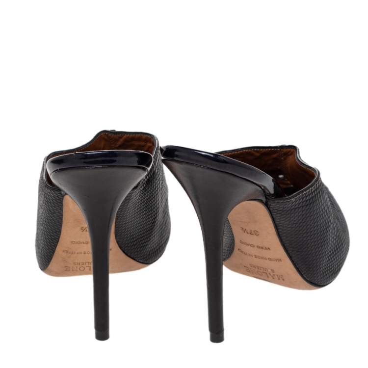 Pre Owned Malone Souliers Black Snakeskin Embossed Leather Peep Toe Mule Sandals Size 37.5