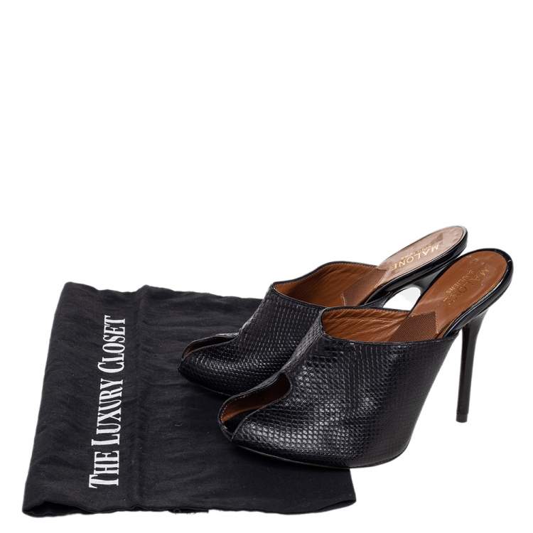 Pre Owned Malone Souliers Black Snakeskin Embossed Leather Peep Toe Mule Sandals Size 37.5