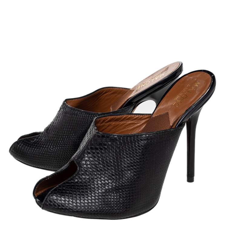Pre Owned Malone Souliers Black Snakeskin Embossed Leather Peep Toe Mule Sandals Size 37.5