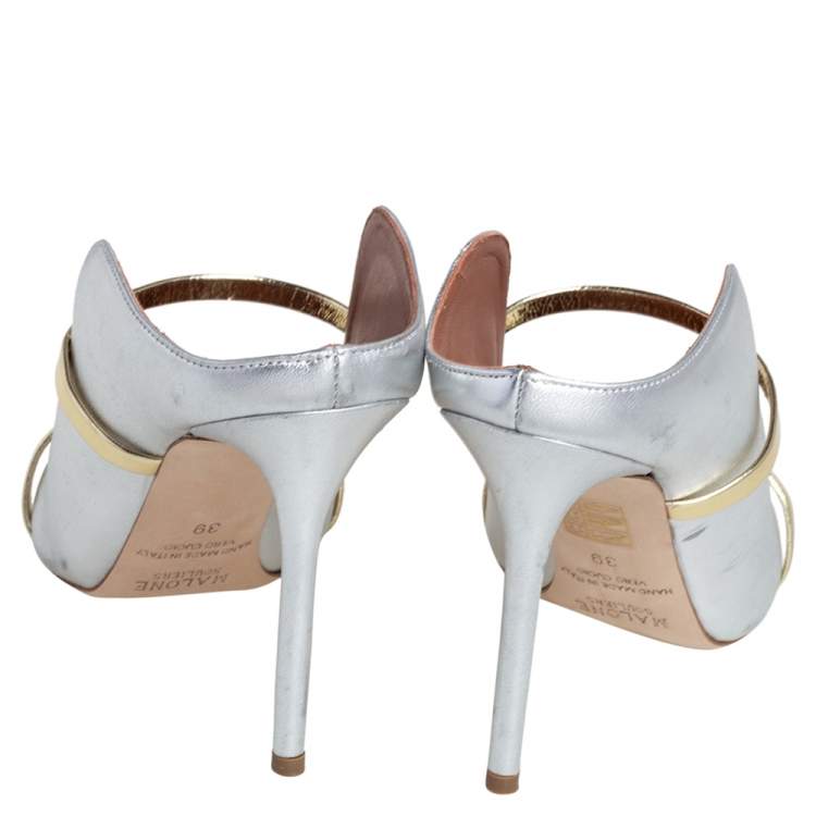 Pre Owned Malone Souliers Silver/Gold Leather Maureen Mules Size 39