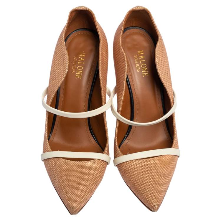 Pre Owned Malone Souliers Beige Raffia and Leather Maureen Pointed Toe Pumps Size 39