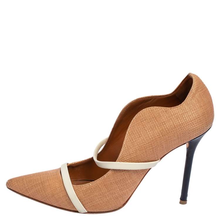 Pre Owned Malone Souliers Beige Raffia and Leather Maureen Pointed Toe Pumps Size 39