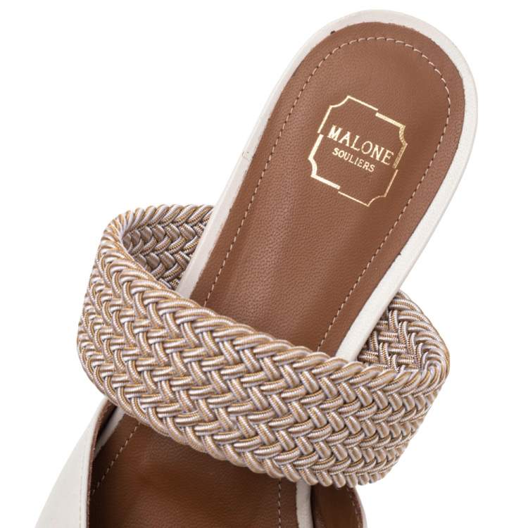 Pre Owned Malone Souliers Cream Leather And Fabric Maisie Pointed Toe Mules Size 36.5