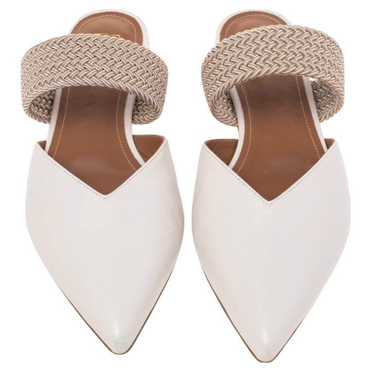 Pre Owned Malone Souliers Cream Leather And Fabric Maisie Pointed Toe Mules Size 36.5