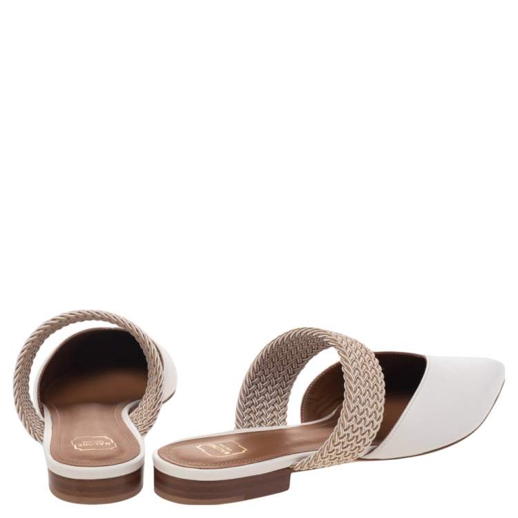Pre Owned Malone Souliers Cream Leather And Fabric Maisie Pointed Toe Mules Size 36.5