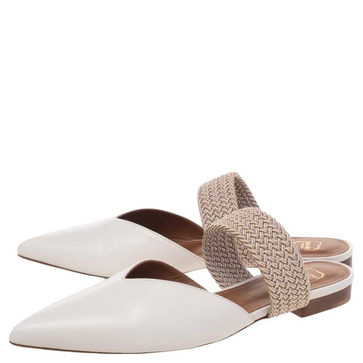 Pre Owned Malone Souliers Cream Leather And Fabric Maisie Pointed Toe Mules Size 36.5
