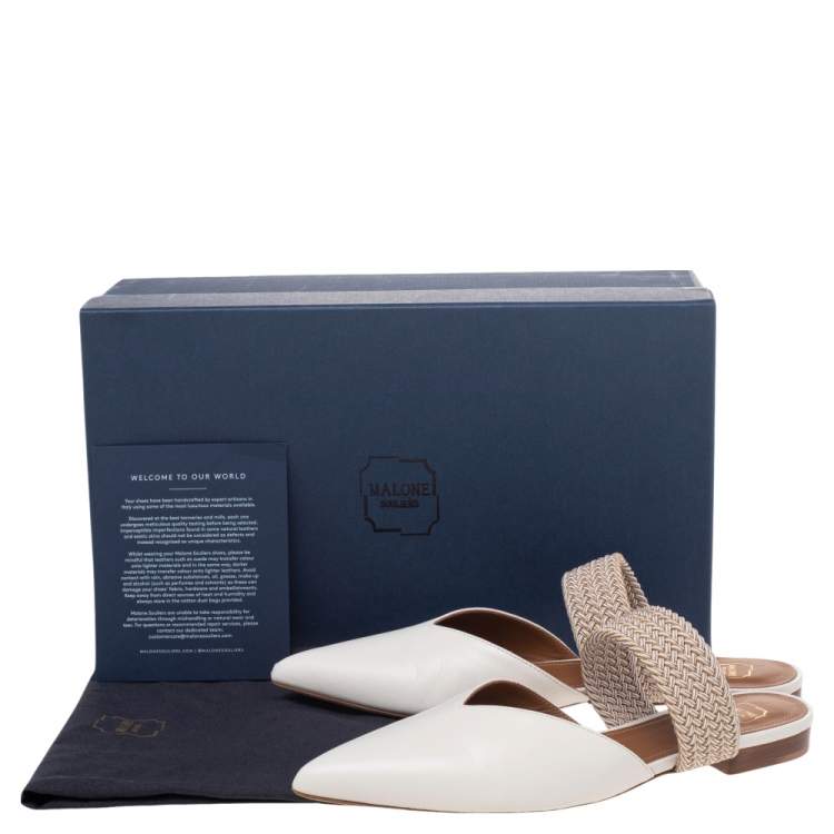 Pre Owned Malone Souliers Cream Leather And Fabric Maisie Pointed Toe Mules Size 36.5