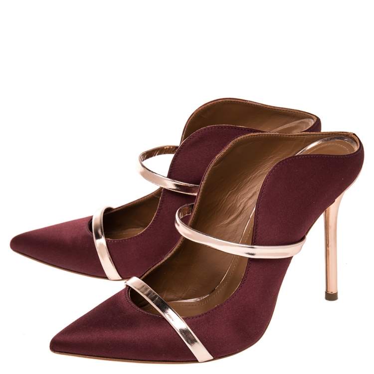 Pre Owned Malone Souliers Burgundy Satin And Leather Maureen Pointed Toe Mule Sandals Size 37