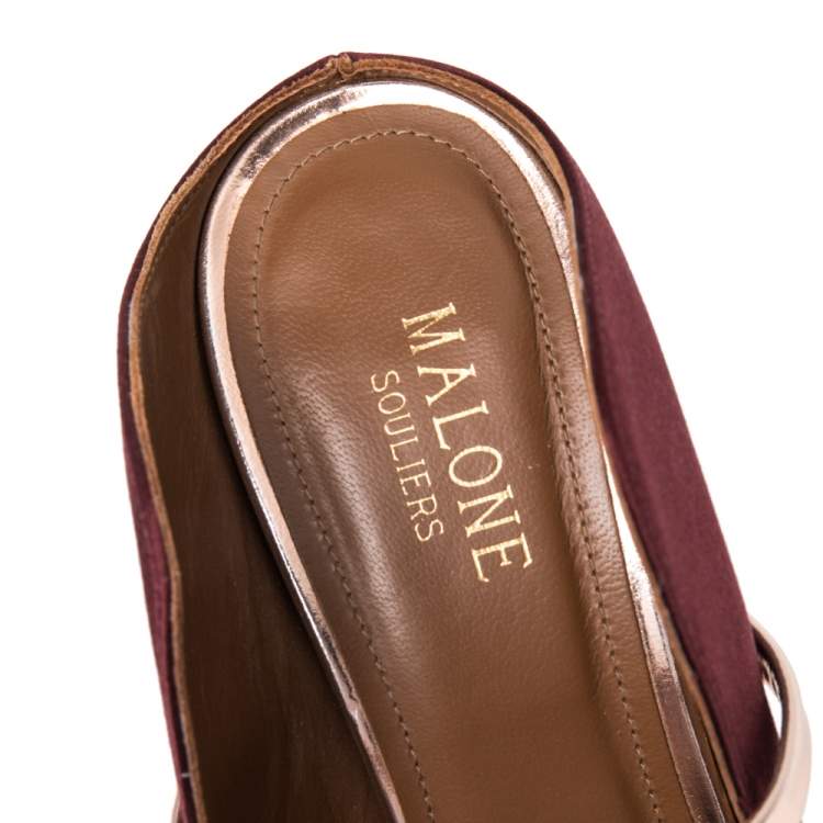 Pre Owned Malone Souliers Burgundy Satin And Leather Maureen Pointed Toe Mule Sandals Size 37