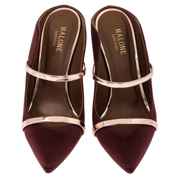 Pre Owned Malone Souliers Burgundy Satin And Leather Maureen Pointed Toe Mule Sandals Size 37