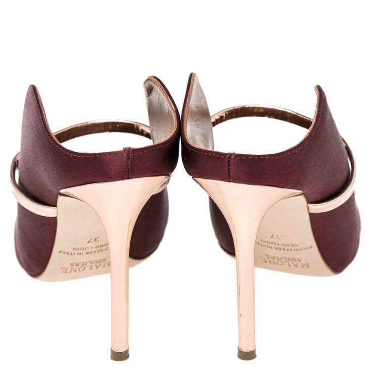 Pre Owned Malone Souliers Burgundy Satin And Leather Maureen Pointed Toe Mule Sandals Size 37