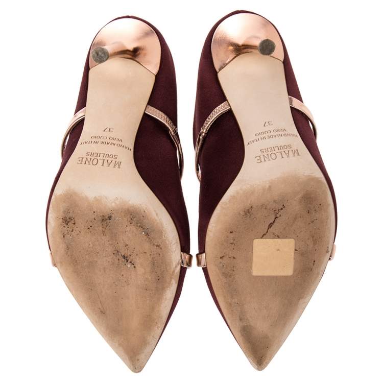 Pre Owned Malone Souliers Burgundy Satin And Leather Maureen Pointed Toe Mule Sandals Size 37