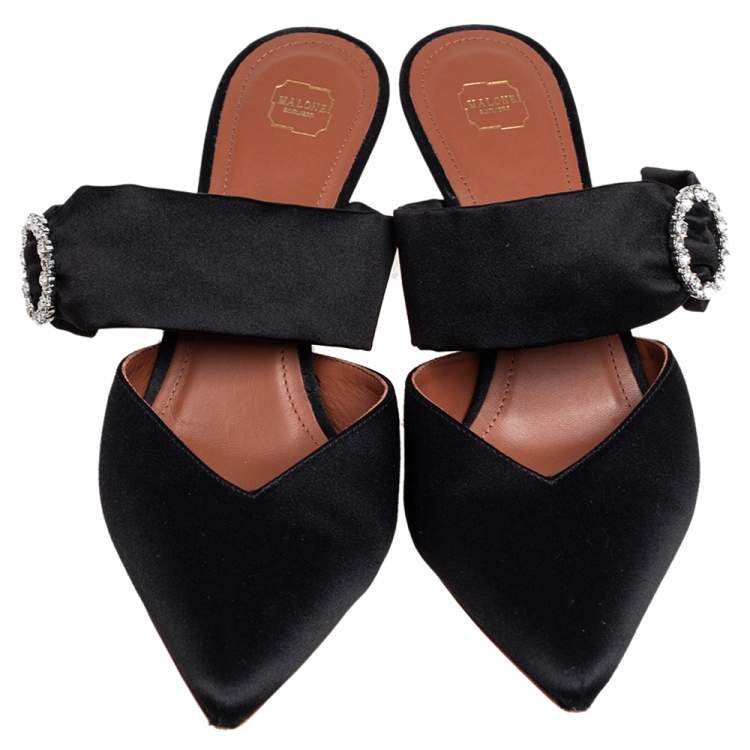 Pre Owned Malone Souliers Black Satin Crystal Buckle Maisie Mules Size 41