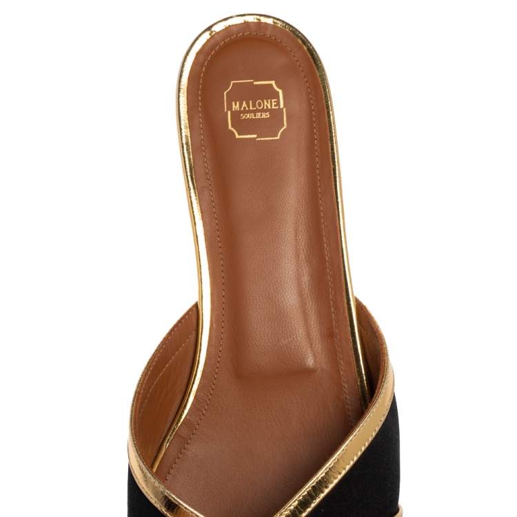 Pre Owned Malone Souliers Gold/Black Satin and Leather Slide Flats Size 39