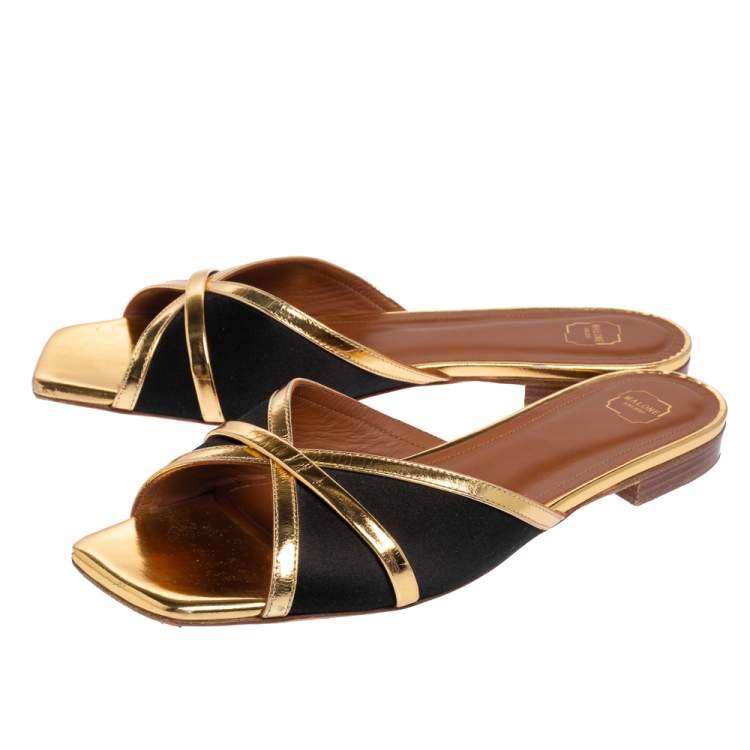 Pre Owned Malone Souliers Gold/Black Satin and Leather Slide Flats Size 39