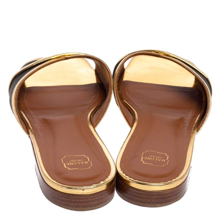 Pre Owned Malone Souliers Gold/Black Satin and Leather Slide Flats Size 39