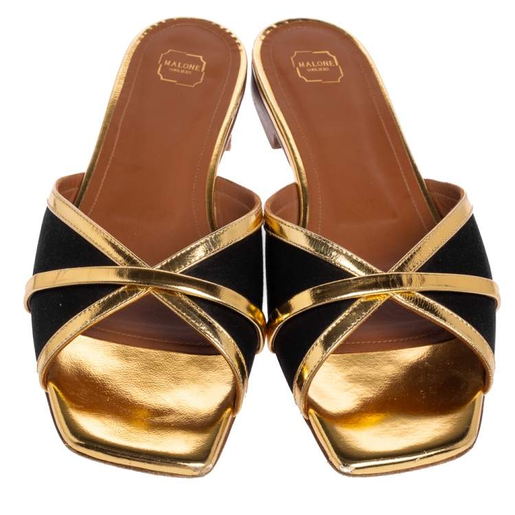 Pre Owned Malone Souliers Gold/Black Satin and Leather Slide Flats Size 39