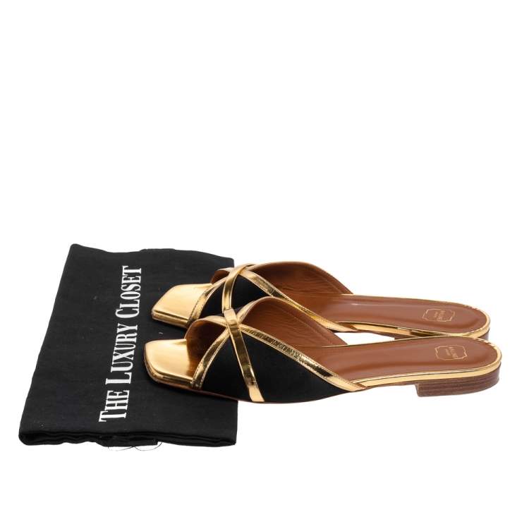 Pre Owned Malone Souliers Gold/Black Satin and Leather Slide Flats Size 39