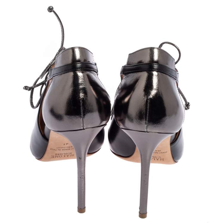 Pre Owned Malone Souliers Black Leather Montana Pointed Toe Lace Up Booties Size 41